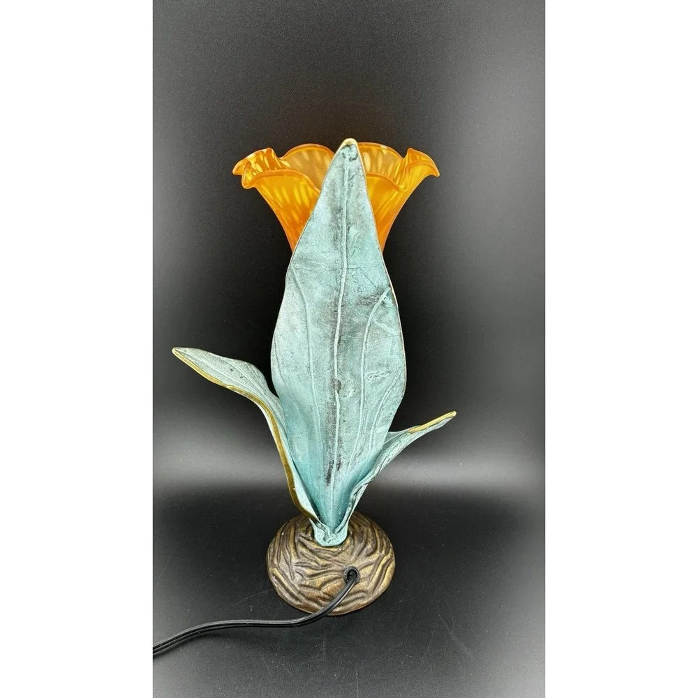 Vintage Tiffany-Style Orange Trumpet Tulip Accent Lamp With Bronze Leaves